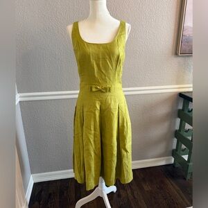 Cynthia Howie 100% Linen Chartreuse Midi Dress Bow Waist A-Line Size 6 Vintage